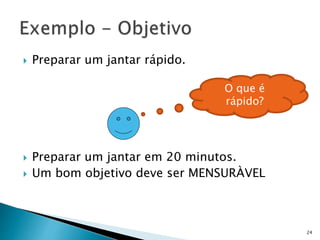  Preparar um jantar rápido.
 Preparar um jantar em 20 minutos.
 Um bom objetivo deve ser MENSURÀVEL
24
O que é
rápido?
 