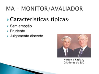  Características típicas:
 Sem emoção
 Prudente
 Julgamento discreto
Norton e Kaplan,
Criadores do BSC
 