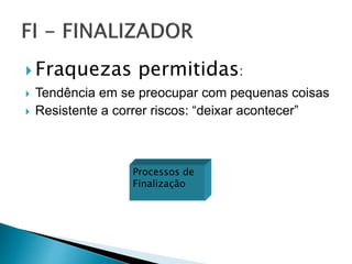  Fraquezas permitidas:
 Tendência em se preocupar com pequenas coisas
 Resistente a correr riscos: “deixar acontecer”
Processos de
Finalização
 