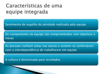 Sentimento de orgulho da atividade realizada pela equipe
Os componentes da equipe são comprometidos com objetivos e
metas
As pessoas confiam umas nas outras e sentem-se confortáveis
com a interdependência de trabalharem em equipe
A cultura é direcionada para resultados
 