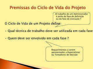 Premissas do Ciclo de Vida do Projeto
O Ciclo de Vida de um Projeto define:
• Qual técnica de trabalho deve ser utilizada em cada fase
• Quem deve ser envolvido em cada fase ?
O trabalho de um Administrador
é parte da fase de definição
ou da fase de execução ?
Requerimentos a serem
apresentados a Especialistas
ou Tomadores de Decisão
 