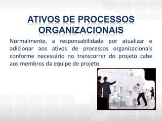 ATIVOS DE PROCESSOS
        ORGANIZACIONAIS
Normalmente, a responsabilidade por atualizar e
adicionar aos ativos de processos organizacionais
conforme necessário no transcorrer do projeto cabe
aos membros da equipe de projeto.
 