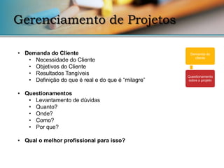 Gerenciamento de Projetos

• Demanda do Cliente                                 Demanda do
                                                       cliente
   • Necessidade do Cliente
   • Objetivos do Cliente
   • Resultados Tangíveis                           Questionamento
   • Definição do que é real e do que é “milagre”   sobre o projeto



• Questionamentos
   • Levantamento de dúvidas
   • Quanto?
   • Onde?
   • Como?
   • Por que?

• Qual o melhor profissional para isso?
 
