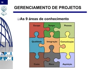 18
GERENCIAMENTO DE PROJETOS
As 9 áreas de conhecimento
 