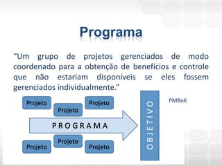 Programa
“Um grupo de projetos gerenciados de modo
coordenado para a obtenção de benefícios e controle
que não estariam disponíveis se eles fossem
gerenciados individualmente.”
                                        PMBoK
 