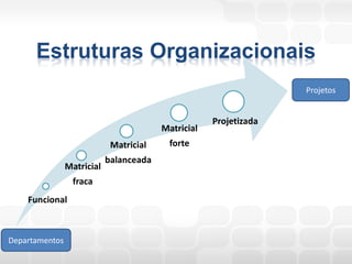 Estruturas Organizacionais
                                                                   Projetos


                                                     Projetizada
                                         Matricial
                             Matricial     forte
                            balanceada
                Matricial
                 fraca
    Funcional



Departamentos
 
