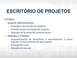 ESCRITÓRIO DE PROJETOS
Funções:
• Suporte Administrativo:
    –   Produção e distribuição de relatórios
    –   Controle da documentação dos projetos
    –   Operação de ferramentas computacionais
•   Métodos e Padrões
    –   Desenvolvimento de formulários e procedimentos a serem
        seguidos no desenvolvimento dos projetos
    –   Avaliação de riscos
    –   Alocação de recursos
 