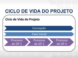 CICLO DE VIDA DO PROJETO
Ciclo de Vida do Projeto

                  Concepção
                  Fase Inicial
   Processo        Processo      Processo
   de GP 1         de GP 2       de GP n
 