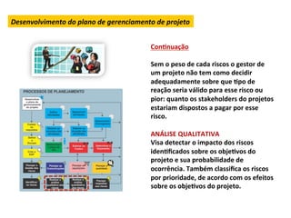 Desenvolvimento	
  do	
  plano	
  de	
  gerenciamento	
  de	
  projeto	
  


                                                         ConLnuação	
  
                                                         	
  
                                                         Sem	
  o	
  peso	
  de	
  cada	
  riscos	
  o	
  gestor	
  de	
  
                                                         um	
  projeto	
  não	
  tem	
  como	
  decidir	
  
                                                         adequadamente	
  sobre	
  que	
  Lpo	
  de	
  
                                                         reação	
  seria	
  válido	
  para	
  esse	
  risco	
  ou	
  
                                                         pior:	
  quanto	
  os	
  stakeholders	
  do	
  projetos	
  
                                                         estariam	
  dispostos	
  a	
  pagar	
  por	
  esse	
  
                                                         risco.	
  	
  
                                                         	
  
                                                         ANÁLISE	
  QUALITATIVA	
  
                                                         Visa	
  detectar	
  o	
  impacto	
  dos	
  riscos	
  
                                                         idenLﬁcados	
  sobre	
  os	
  objeLvos	
  do	
  
                                                         projeto	
  e	
  sua	
  probabilidade	
  de	
  
                                                         ocorrência.	
  Também	
  classiﬁca	
  os	
  riscos	
  
                                                         por	
  prioridade,	
  de	
  acordo	
  com	
  os	
  efeitos	
  
                                                         sobre	
  os	
  objeLvos	
  do	
  projeto.	
  
                                                         	
  
                                                         	
  
 