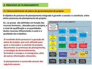 2.	
  PROCESSO	
  DE	
  PLANEJAMENTO	
  

2.1	
  Desenvolvimento	
  do	
  plano	
  de	
  gerenciamento	
  de	
  projeto	
  
O	
  objeLvo	
  de	
  processo	
  de	
  planejamento	
  integrado	
  é	
  garanLr	
  a	
  coesão	
  e	
  a	
  coerência	
  	
  entre	
  
vários	
  processos	
  do	
  planejamento	
  do	
  projeto.	
  	
  
Ex.:	
  os	
  prazos	
  	
  são	
  deﬁnidos	
  em	
  função	
  dos	
  
recursos	
  humanos	
  ,	
  alocados	
  para	
  o	
  projeto,	
  e	
  
o	
  nível	
  de	
  qualiﬁcação	
  e	
  as	
  quanLdades	
  
destes	
  recursos	
  inﬂuenciarão	
  o	
  custo	
  e	
  a	
  
qualidade	
  dos	
  trabalhos.	
  	
  

 O	
  resultado	
  deste	
  processo	
  é	
  a	
  geração	
  do	
  
 plano	
  de	
  projeto,	
  que	
  será	
  uLlizado	
  para	
  
 guiar	
  a	
  execução	
  e	
  o	
  controle	
  do	
  projeto,	
  
 documentar	
  as	
  premissas	
  de	
  planejamento,	
  
 a	
  estratégia	
  de	
  desenvolvimento,	
  
 formalizar	
  o	
  escopo	
  e	
  o	
  cronograma,	
  além	
  
 de	
  outras	
  informações	
  relevantes.	
  	
  
 	
  
 O	
  planejamento	
  é	
  construído	
  através	
  dos	
  
 seguintes	
  passos:	
  
 