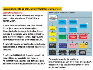 Desenvolvimento	
  do	
  plano	
  de	
  gerenciamento	
  de	
  projeto	
  
EsLmaLva	
  dos	
  custos	
  
Métodos	
  de	
  custos	
  adotados	
  em	
  projetos	
  
mais	
  conhecidos	
  são	
  os	
  TOP-­‐DOWN	
  e	
  
BOTTOM-­‐UP.	
  
	
  
TOP-­‐DOWN	
  –	
  é	
  uLlizada	
  nas	
  fases	
  iniciais	
  
do	
  projeto,	
  quando	
  as	
  informações	
  
disponíveis	
  são	
  bastante	
  limitadas.	
  Neste	
  
método	
  é	
  elaborado	
  uma	
  única	
  esLmaLva	
  
para	
  o	
  projeto	
  inteiro,	
  sendo,	
  depois,	
  este	
  
valor	
  rateado	
  entre	
  os	
  elementos	
  na	
  EAP.	
  
	
  
A	
  esLmaLva	
  pode	
  ser	
  realizada	
  consultando	
  
especialistas,	
  o	
  próprio	
  histórico	
  de	
  projetos	
  
similares	
  
	
  
O	
  método	
  BOTTOM-­‐UP	
  é	
  usado	
  quando	
  há	
  
necessidade	
  de	
  precisão	
  nos	
  valores.	
  	
                 Para	
  obter	
  o	
  custo	
  de	
  um	
  item	
  
As	
  esLmaLvas	
  de	
  custos	
  são	
  deﬁnidas	
  para	
           intermediário,	
  de	
  um	
  nível	
  mais	
  alto	
  da	
  EAP,	
  
os	
  elementos	
  dos	
  níveis	
  mais	
  baixos	
  da	
  EAP.	
     basta	
  somar	
  os	
  custos	
  dos	
  elementos	
  que	
  
                                                                       estão	
  abaixo	
  dele.	
  
 