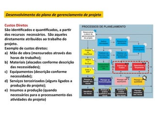 Desenvolvimento	
  do	
  plano	
  de	
  gerenciamento	
  de	
  projeto	
  

Custos	
  Diretos	
  
São	
  idenLﬁcados	
  e	
  quanLﬁcados,	
  a	
  parLr	
  
dos	
  recursos	
  	
  necessários.	
  	
  São	
  aqueles	
  
diretamente	
  atribuídos	
  ao	
  trabalho	
  do	
  
projeto.	
  
Exemplo	
  de	
  custos	
  diretos:	
  
a)  Mão	
  de	
  obra	
  (mensurados	
  através	
  das	
  
         horas	
  de	
  trabalho);	
  
b)  Materiais	
  (alocados	
  conforme	
  descrição	
  
         das	
  necessidades);	
  
c)  Equipamentos	
  (descrição	
  conforme	
  
         necessidade);	
  
d)  Serviços	
  terceirizados	
  (alguns	
  ligados	
  a	
  
         produção	
  do	
  projeto);	
  
e)  Insumos	
  a	
  produção	
  (quando	
  
         necessários	
  para	
  o	
  processamento	
  das	
  
         aLvidades	
  do	
  projeto)	
  
	
  	
  
 