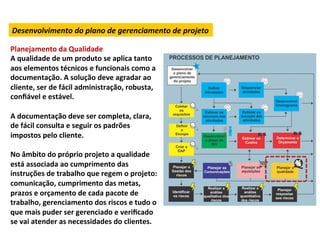 Desenvolvimento	
  do	
  plano	
  de	
  gerenciamento	
  de	
  projeto	
  

Planejamento	
  da	
  Qualidade	
  
A	
  qualidade	
  de	
  um	
  produto	
  se	
  aplica	
  tanto	
  
aos	
  elementos	
  técnicos	
  e	
  funcionais	
  como	
  a	
  
documentação.	
  A	
  solução	
  deve	
  agradar	
  ao	
  
cliente,	
  ser	
  de	
  fácil	
  administração,	
  robusta,	
  
conﬁável	
  e	
  estável.	
  
	
  
A	
  documentação	
  deve	
  ser	
  completa,	
  clara,	
  
de	
  fácil	
  consulta	
  e	
  seguir	
  os	
  padrões	
  
impostos	
  pelo	
  cliente.	
  	
  
	
  
No	
  âmbito	
  do	
  próprio	
  projeto	
  a	
  qualidade	
  
está	
  associada	
  ao	
  cumprimento	
  das	
  
instruções	
  de	
  trabalho	
  que	
  regem	
  o	
  projeto:	
  
comunicação,	
  cumprimento	
  das	
  metas,	
  
prazos	
  e	
  orçamento	
  de	
  cada	
  pacote	
  de	
  
trabalho,	
  gerenciamento	
  dos	
  riscos	
  e	
  tudo	
  o	
  
que	
  mais	
  puder	
  ser	
  gerenciado	
  e	
  veriﬁcado	
  
se	
  vai	
  atender	
  as	
  necessidades	
  do	
  clientes.	
  	
  
 