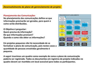 Desenvolvimento	
  do	
  plano	
  de	
  gerenciamento	
  de	
  projeto	
  


Planejamento	
  das	
  Comunicações	
  
No	
  planejamento	
  das	
  comunicações	
  deﬁne-­‐se	
  que	
  
informações	
  precisarão	
  ser	
  geradas,	
  para	
  quem	
  e	
  
como	
  serão	
  distribuídas.	
  
	
  
O	
  ObjeLvo	
  é	
  perguntar:	
  
Quem	
  precisa	
  da	
  informação?	
  
De	
  que	
  informações	
  precisam?	
  
Quando	
  e	
  como	
  vão	
  obter	
  as	
  informações?	
  	
  
	
  
Em	
  projetos	
  pequenos	
  não	
  há	
  necessidade	
  de	
  se	
  
formalizar	
  o	
  plano	
  de	
  comunicação,	
  pois	
  nestes	
  casos	
  a	
  
quanLdade	
  de	
  pessoas	
  envolvidas	
  geralmente	
  é	
  
pequena.	
  	
  
	
  
A	
  seguir	
  inserimos	
  um	
  quadro	
  como	
  exemplo	
  de	
  como	
  o	
  plano	
  de	
  comunicação	
  
poderia	
  ser	
  registrado.	
  Todos	
  os	
  documentos	
  em	
  registros	
  do	
  projeto	
  indicados	
  no	
  
quadro	
  devem	
  ser	
  manLdos	
  em	
  local	
  acessível	
  para	
  todos	
  os	
  parLcipantes.	
  	
  
 