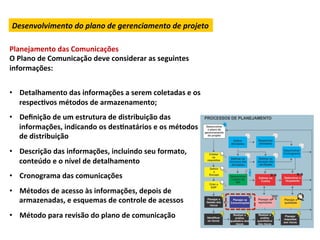 Desenvolvimento	
  do	
  plano	
  de	
  gerenciamento	
  de	
  projeto	
  

Planejamento	
  das	
  Comunicações	
  
O	
  Plano	
  de	
  Comunicação	
  deve	
  considerar	
  as	
  seguintes	
  
informações:	
  
	
  
•  Detalhamento	
  das	
  informações	
  a	
  serem	
  coletadas	
  e	
  os	
  
   respecLvos	
  métodos	
  de	
  armazenamento;	
  
•  Deﬁnição	
  de	
  um	
  estrutura	
  de	
  distribuição	
  das	
  
   informações,	
  indicando	
  os	
  desLnatários	
  e	
  os	
  métodos	
  
   de	
  distribuição	
  
•  Descrição	
  das	
  informações,	
  incluindo	
  seu	
  formato,	
  
   conteúdo	
  e	
  o	
  nível	
  de	
  detalhamento	
  
•  Cronograma	
  das	
  comunicações	
  	
  
•  Métodos	
  de	
  acesso	
  às	
  informações,	
  depois	
  de	
  
   armazenadas,	
  e	
  esquemas	
  de	
  controle	
  de	
  acessos	
  
•  Método	
  para	
  revisão	
  do	
  plano	
  de	
  comunicação	
  
 