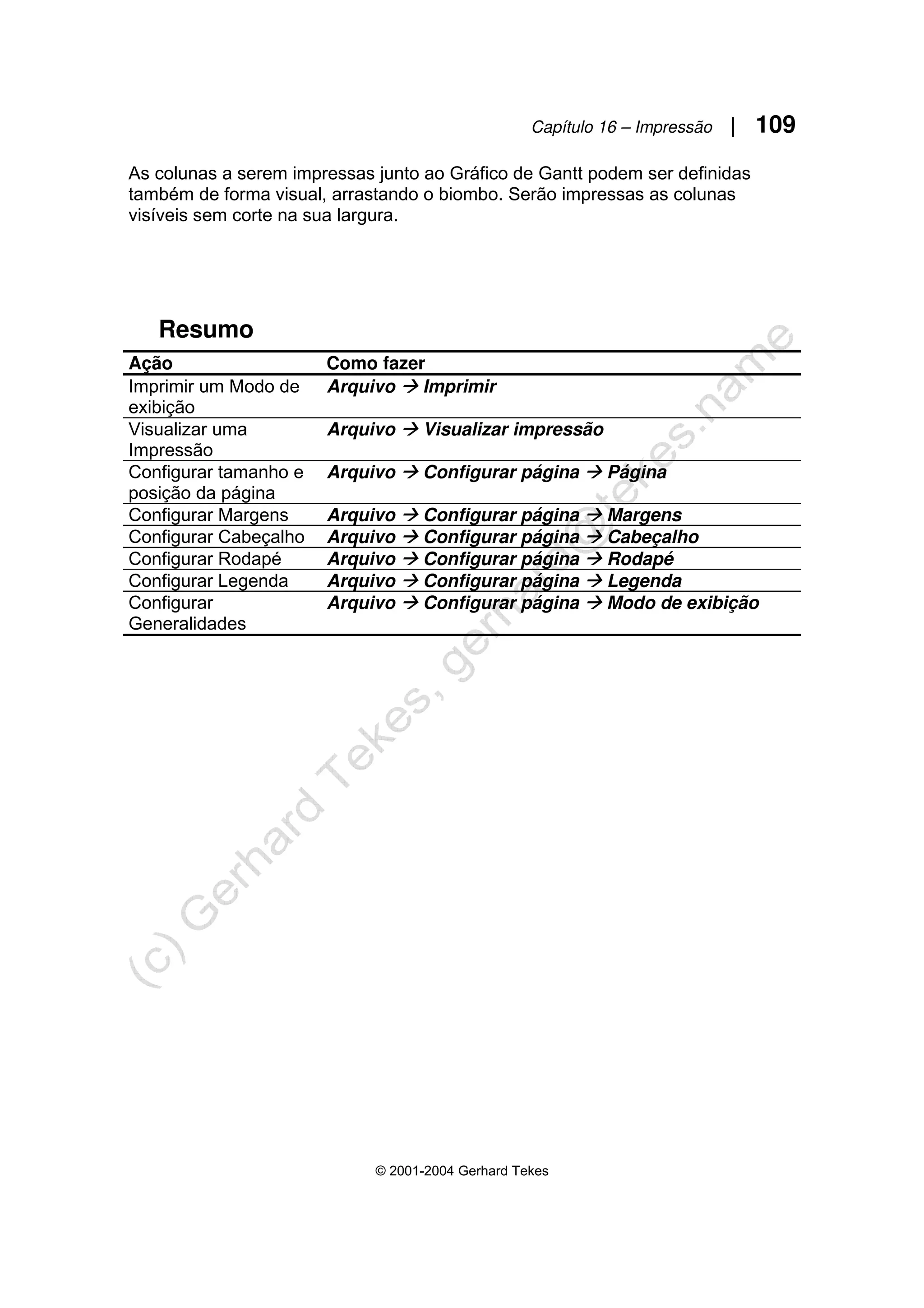 Capítulo 16 – Impressão | 109
© 2001-2004 Gerhard Tekes
As colunas a serem impressas junto ao Gráfico de Gantt podem ser definidas
também de forma visual, arrastando o biombo. Serão impressas as colunas
visíveis sem corte na sua largura.
Resumo
Ação Como fazer
Imprimir um Modo de
exibição
Arquivo Æ Imprimir
Visualizar uma
Impressão
Arquivo Æ Visualizar impressão
Configurar tamanho e
posição da página
Arquivo Æ Configurar página Æ Página
Configurar Margens Arquivo Æ Configurar página Æ Margens
Configurar Cabeçalho Arquivo Æ Configurar página Æ Cabeçalho
Configurar Rodapé Arquivo Æ Configurar página Æ Rodapé
Configurar Legenda Arquivo Æ Configurar página Æ Legenda
Configurar
Generalidades
Arquivo Æ Configurar página Æ Modo de exibição
 