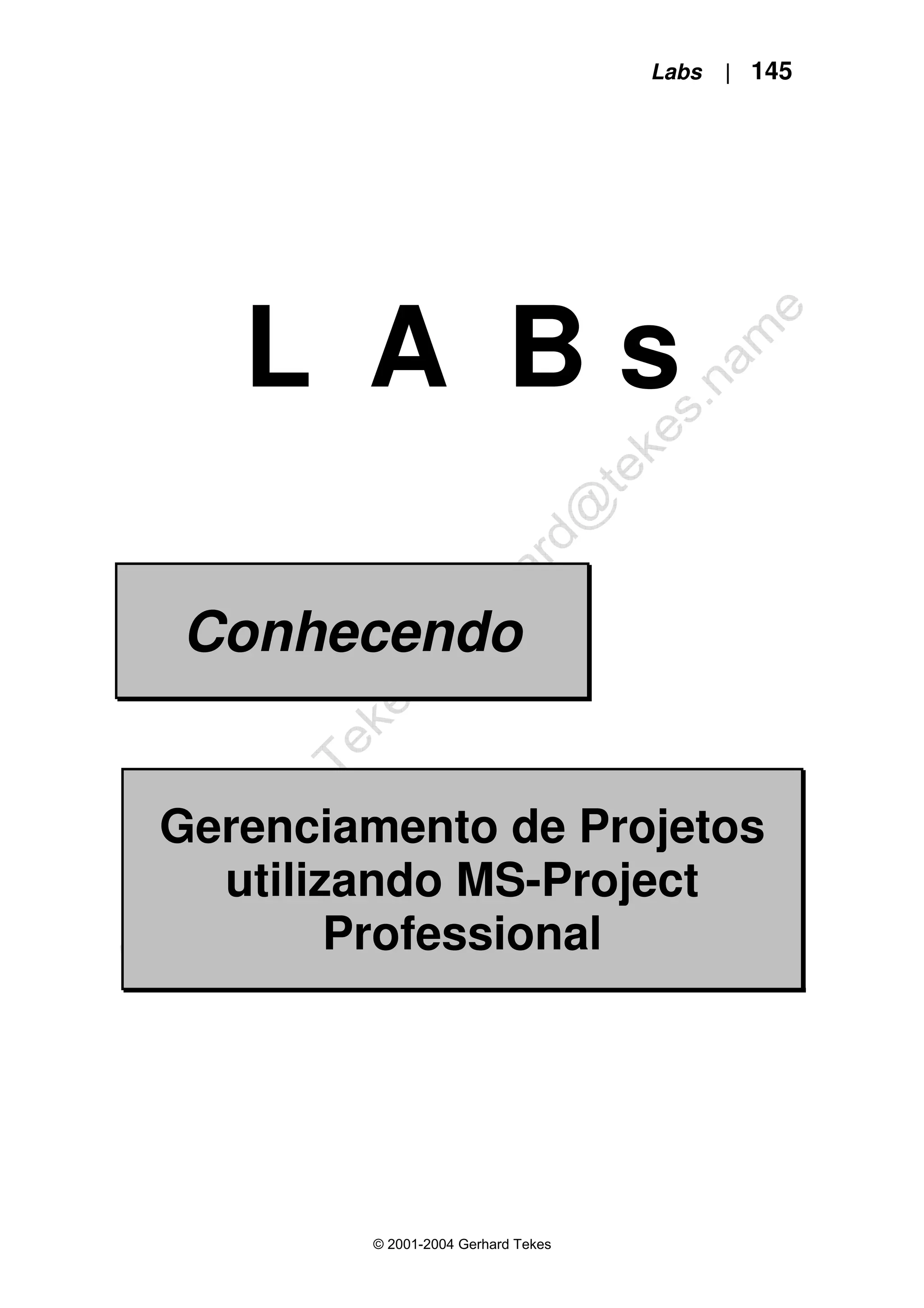 Labs | 145
© 2001-2004 Gerhard Tekes
L A B s
Conhecendo
Gerenciamento de Projetos
utilizando MS-Project
Professional
 