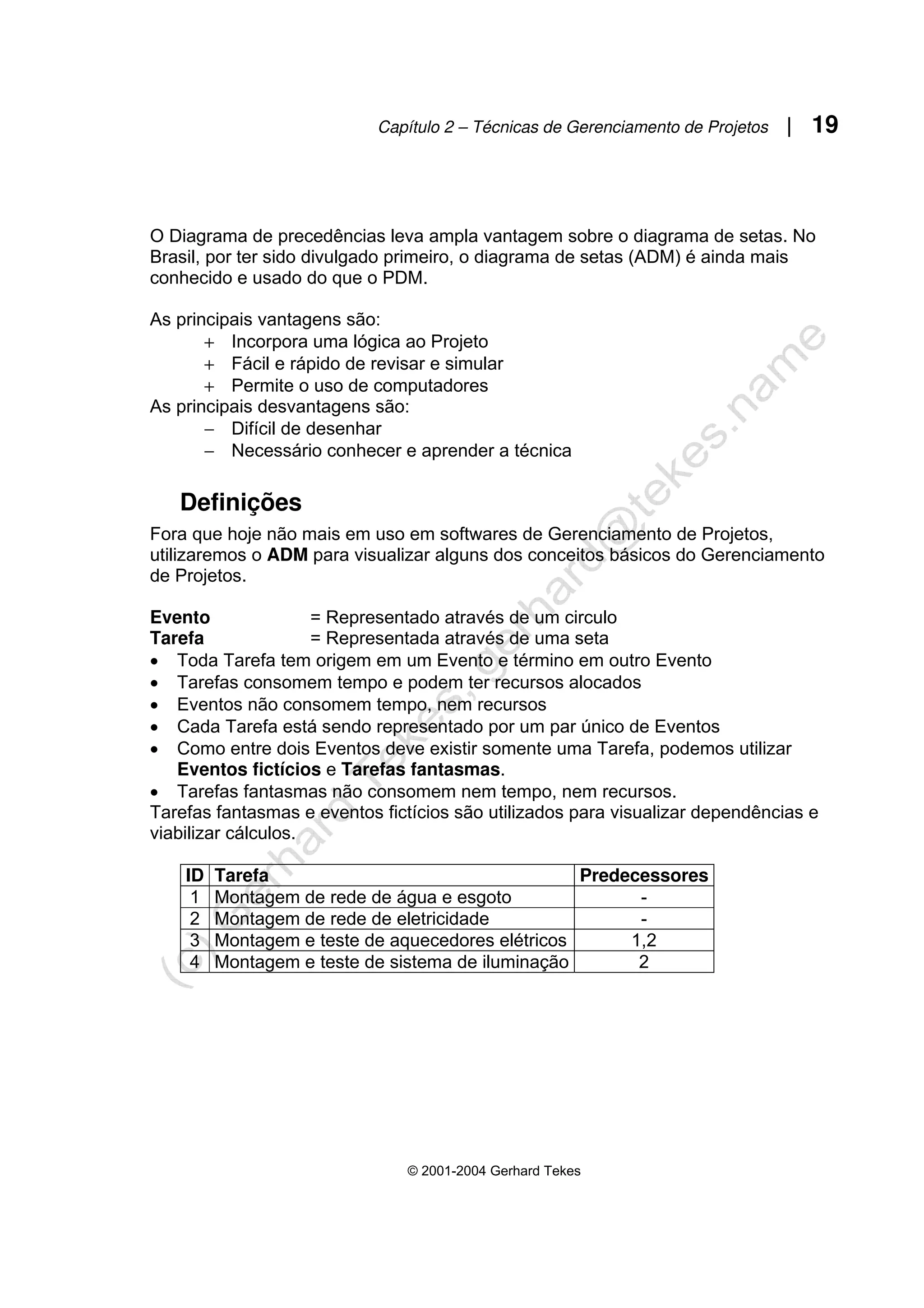 Capítulo 2 – Técnicas de Gerenciamento de Projetos | 19
© 2001-2004 Gerhard Tekes
O Diagrama de precedências leva ampla vantagem sobre o diagrama de setas. No
Brasil, por ter sido divulgado primeiro, o diagrama de setas (ADM) é ainda mais
conhecido e usado do que o PDM.
As principais vantagens são:
+ Incorpora uma lógica ao Projeto
+ Fácil e rápido de revisar e simular
+ Permite o uso de computadores
As principais desvantagens são:
− Difícil de desenhar
− Necessário conhecer e aprender a técnica
Definições
Fora que hoje não mais em uso em softwares de Gerenciamento de Projetos,
utilizaremos o ADM para visualizar alguns dos conceitos básicos do Gerenciamento
de Projetos.
Evento = Representado através de um circulo
Tarefa = Representada através de uma seta
• Toda Tarefa tem origem em um Evento e término em outro Evento
• Tarefas consomem tempo e podem ter recursos alocados
• Eventos não consomem tempo, nem recursos
• Cada Tarefa está sendo representado por um par único de Eventos
• Como entre dois Eventos deve existir somente uma Tarefa, podemos utilizar
Eventos fictícios e Tarefas fantasmas.
• Tarefas fantasmas não consomem nem tempo, nem recursos.
Tarefas fantasmas e eventos fictícios são utilizados para visualizar dependências e
viabilizar cálculos.
ID Tarefa Predecessores
1 Montagem de rede de água e esgoto -
2 Montagem de rede de eletricidade -
3 Montagem e teste de aquecedores elétricos 1,2
4 Montagem e teste de sistema de iluminação 2
 