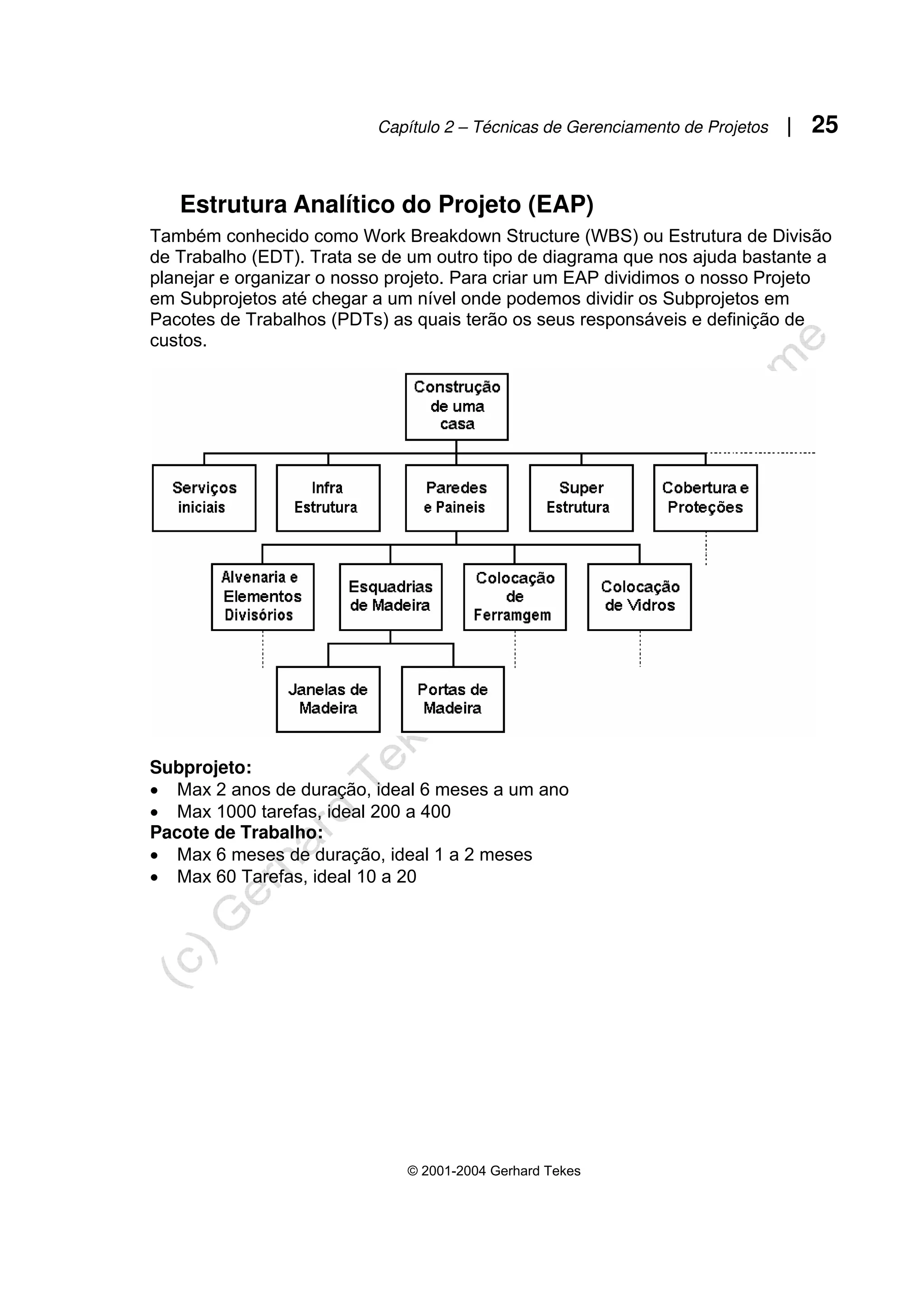 Capítulo 2 – Técnicas de Gerenciamento de Projetos | 25
© 2001-2004 Gerhard Tekes
Estrutura Analítico do Projeto (EAP)
Também conhecido como Work Breakdown Structure (WBS) ou Estrutura de Divisão
de Trabalho (EDT). Trata se de um outro tipo de diagrama que nos ajuda bastante a
planejar e organizar o nosso projeto. Para criar um EAP dividimos o nosso Projeto
em Subprojetos até chegar a um nível onde podemos dividir os Subprojetos em
Pacotes de Trabalhos (PDTs) as quais terão os seus responsáveis e definição de
custos.
Subprojeto:
• Max 2 anos de duração, ideal 6 meses a um ano
• Max 1000 tarefas, ideal 200 a 400
Pacote de Trabalho:
• Max 6 meses de duração, ideal 1 a 2 meses
• Max 60 Tarefas, ideal 10 a 20
 