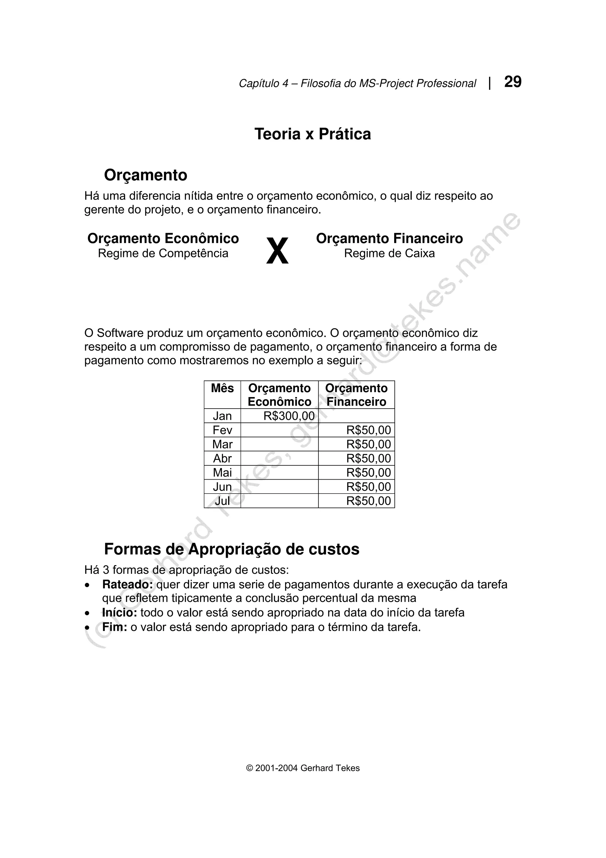 Capítulo 4 – Filosofia do MS-Project Professional | 29
© 2001-2004 Gerhard Tekes
Teoria x Prática
Orçamento
Há uma diferencia nítida entre o orçamento econômico, o qual diz respeito ao
gerente do projeto, e o orçamento financeiro.
O Software produz um orçamento econômico. O orçamento econômico diz
respeito a um compromisso de pagamento, o orçamento financeiro a forma de
pagamento como mostraremos no exemplo a seguir:
Mês Orçamento
Econômico
Orçamento
Financeiro
Jan R$300,00
Fev R$50,00
Mar R$50,00
Abr R$50,00
Mai R$50,00
Jun R$50,00
Jul R$50,00
Formas de Apropriação de custos
Há 3 formas de apropriação de custos:
• Rateado: quer dizer uma serie de pagamentos durante a execução da tarefa
que refletem tipicamente a conclusão percentual da mesma
• Início: todo o valor está sendo apropriado na data do início da tarefa
• Fim: o valor está sendo apropriado para o término da tarefa.
Orçamento Econômico
Regime de Competência
X
Orçamento Financeiro
Regime de Caixa
 