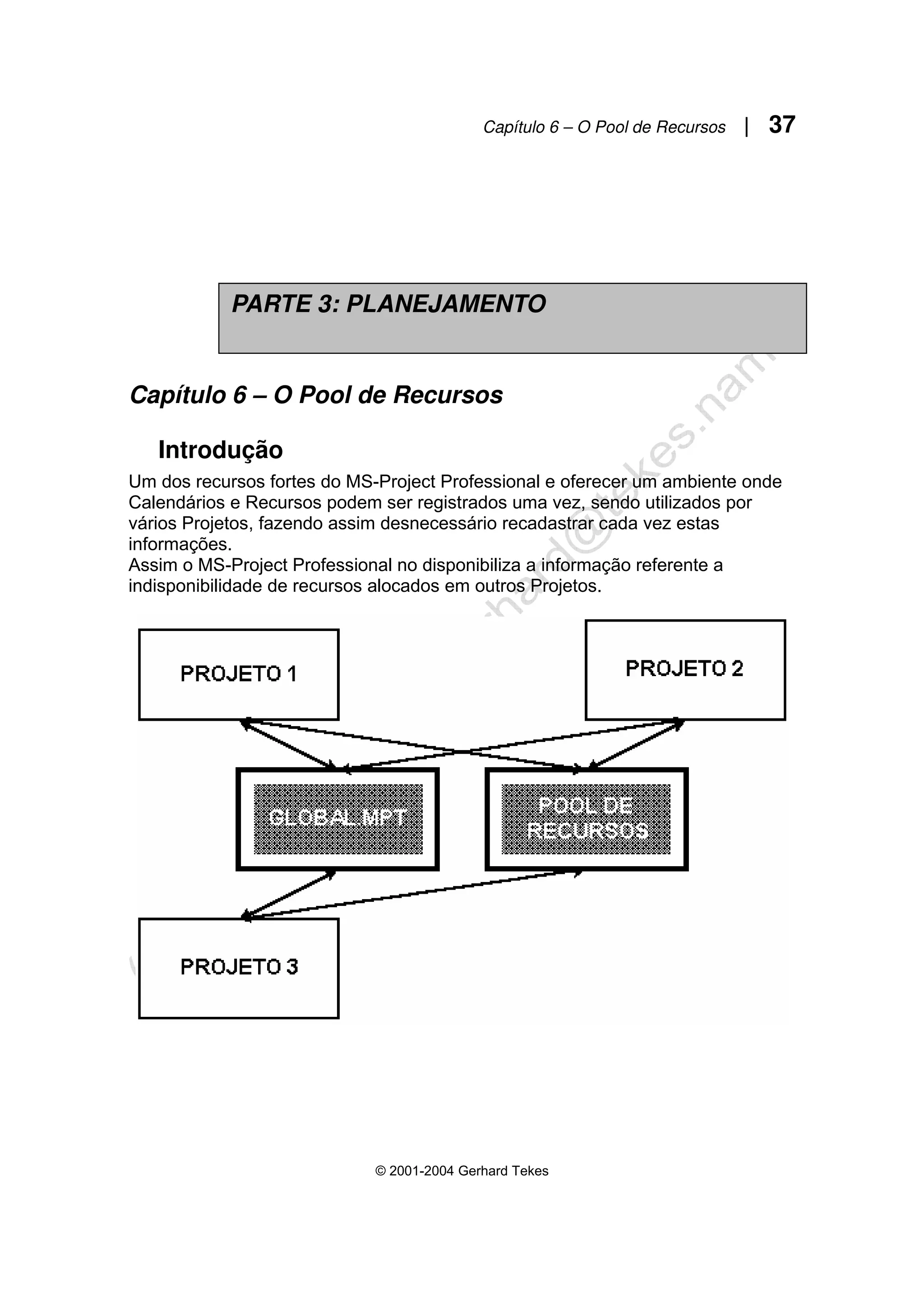 Capítulo 6 – O Pool de Recursos | 37
© 2001-2004 Gerhard Tekes
Capítulo 6 – O Pool de Recursos
Introdução
Um dos recursos fortes do MS-Project Professional e oferecer um ambiente onde
Calendários e Recursos podem ser registrados uma vez, sendo utilizados por
vários Projetos, fazendo assim desnecessário recadastrar cada vez estas
informações.
Assim o MS-Project Professional no disponibiliza a informação referente a
indisponibilidade de recursos alocados em outros Projetos.
PARTE 3: PLANEJAMENTO
 