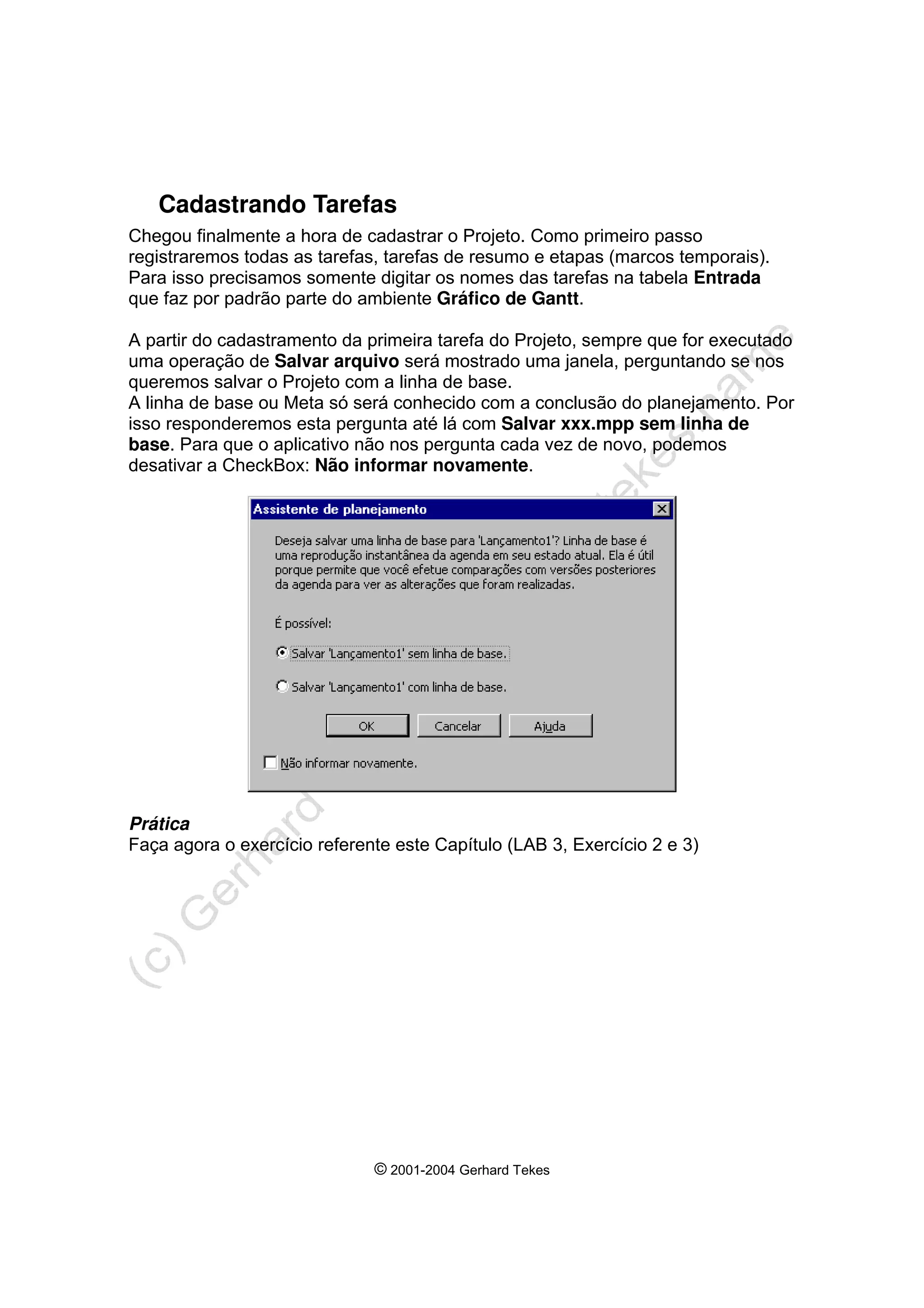 © 2001-2004 Gerhard Tekes
Cadastrando Tarefas
Chegou finalmente a hora de cadastrar o Projeto. Como primeiro passo
registraremos todas as tarefas, tarefas de resumo e etapas (marcos temporais).
Para isso precisamos somente digitar os nomes das tarefas na tabela Entrada
que faz por padrão parte do ambiente Gráfico de Gantt.
A partir do cadastramento da primeira tarefa do Projeto, sempre que for executado
uma operação de Salvar arquivo será mostrado uma janela, perguntando se nos
queremos salvar o Projeto com a linha de base.
A linha de base ou Meta só será conhecido com a conclusão do planejamento. Por
isso responderemos esta pergunta até lá com Salvar xxx.mpp sem linha de
base. Para que o aplicativo não nos pergunta cada vez de novo, podemos
desativar a CheckBox: Não informar novamente.
Prática
Faça agora o exercício referente este Capítulo (LAB 3, Exercício 2 e 3)
 