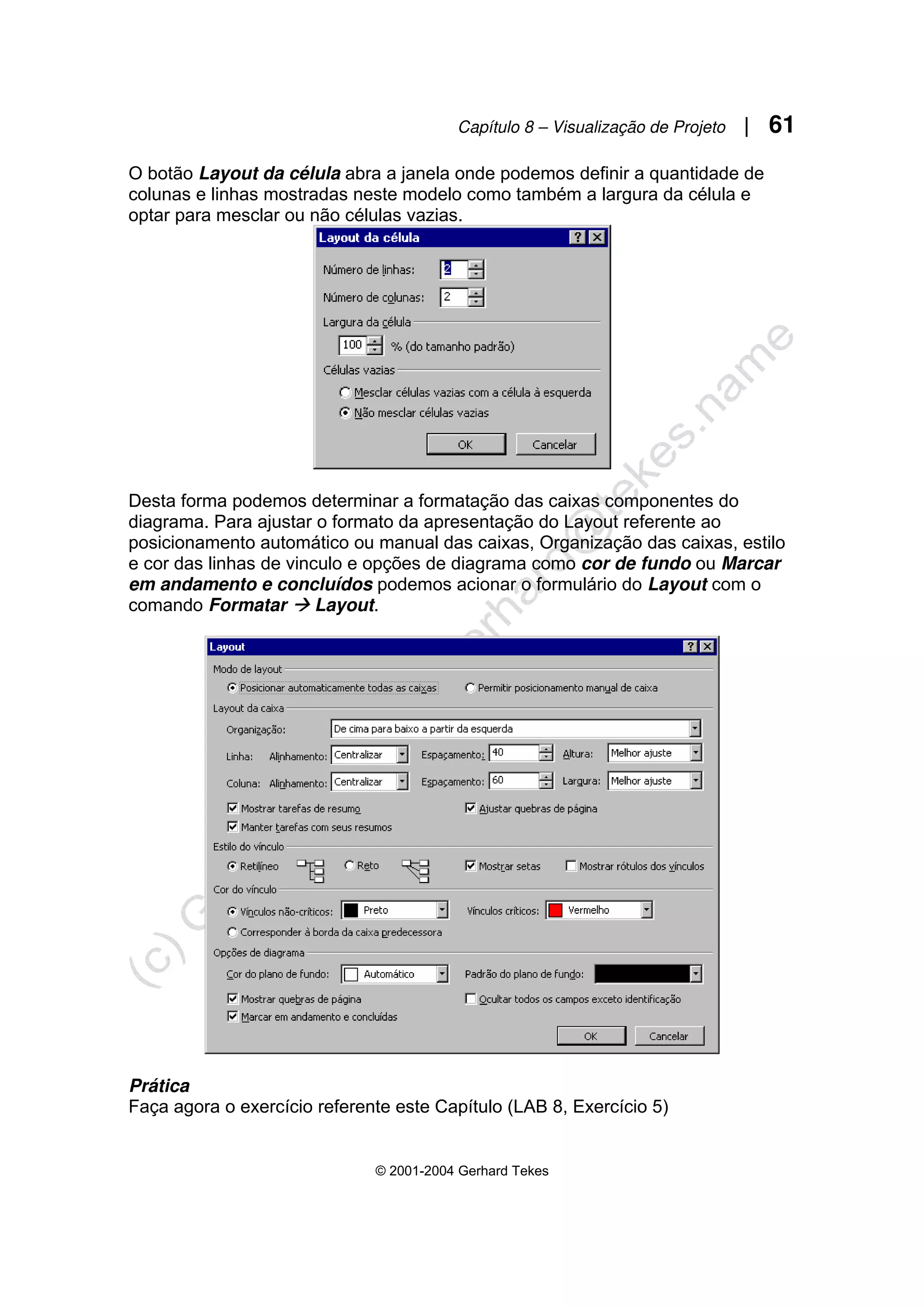 Capítulo 8 – Visualização de Projeto | 61
© 2001-2004 Gerhard Tekes
O botão Layout da célula abra a janela onde podemos definir a quantidade de
colunas e linhas mostradas neste modelo como também a largura da célula e
optar para mesclar ou não células vazias.
Desta forma podemos determinar a formatação das caixas componentes do
diagrama. Para ajustar o formato da apresentação do Layout referente ao
posicionamento automático ou manual das caixas, Organização das caixas, estilo
e cor das linhas de vinculo e opções de diagrama como cor de fundo ou Marcar
em andamento e concluídos podemos acionar o formulário do Layout com o
comando Formatar Æ Layout.
Prática
Faça agora o exercício referente este Capítulo (LAB 8, Exercício 5)
 