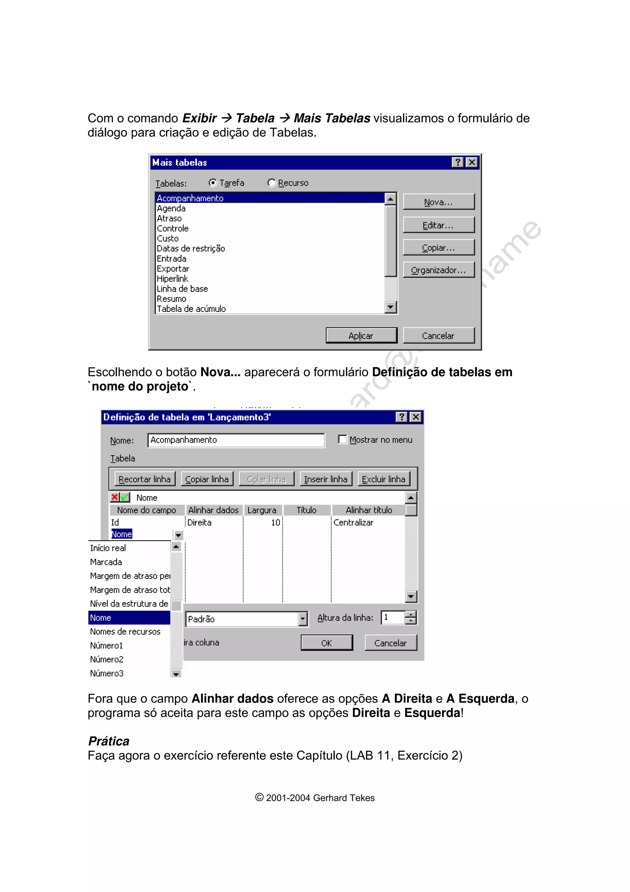 © 2001-2004 Gerhard Tekes
Com o comando Exibir Æ Tabela Æ Mais Tabelas visualizamos o formulário de
diálogo para criação e edição de Tabelas.
Escolhendo o botão Nova... aparecerá o formulário Definição de tabelas em
`nome do projeto`.
Fora que o campo Alinhar dados oferece as opções A Direita e A Esquerda, o
programa só aceita para este campo as opções Direita e Esquerda!
Prática
Faça agora o exercício referente este Capítulo (LAB 11, Exercício 2)
 