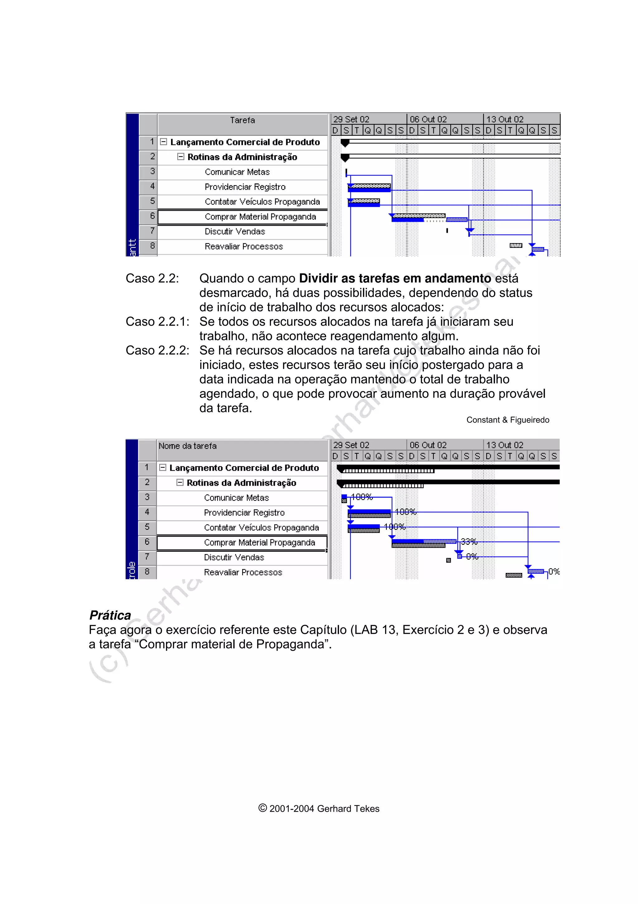 © 2001-2004 Gerhard Tekes
Caso 2.2: Quando o campo Dividir as tarefas em andamento está
desmarcado, há duas possibilidades, dependendo do status
de início de trabalho dos recursos alocados:
Caso 2.2.1: Se todos os recursos alocados na tarefa já iniciaram seu
trabalho, não acontece reagendamento algum.
Caso 2.2.2: Se há recursos alocados na tarefa cujo trabalho ainda não foi
iniciado, estes recursos terão seu início postergado para a
data indicada na operação mantendo o total de trabalho
agendado, o que pode provocar aumento na duração provável
da tarefa.
Constant & Figueiredo
Prática
Faça agora o exercício referente este Capítulo (LAB 13, Exercício 2 e 3) e observa
a tarefa “Comprar material de Propaganda”.
 