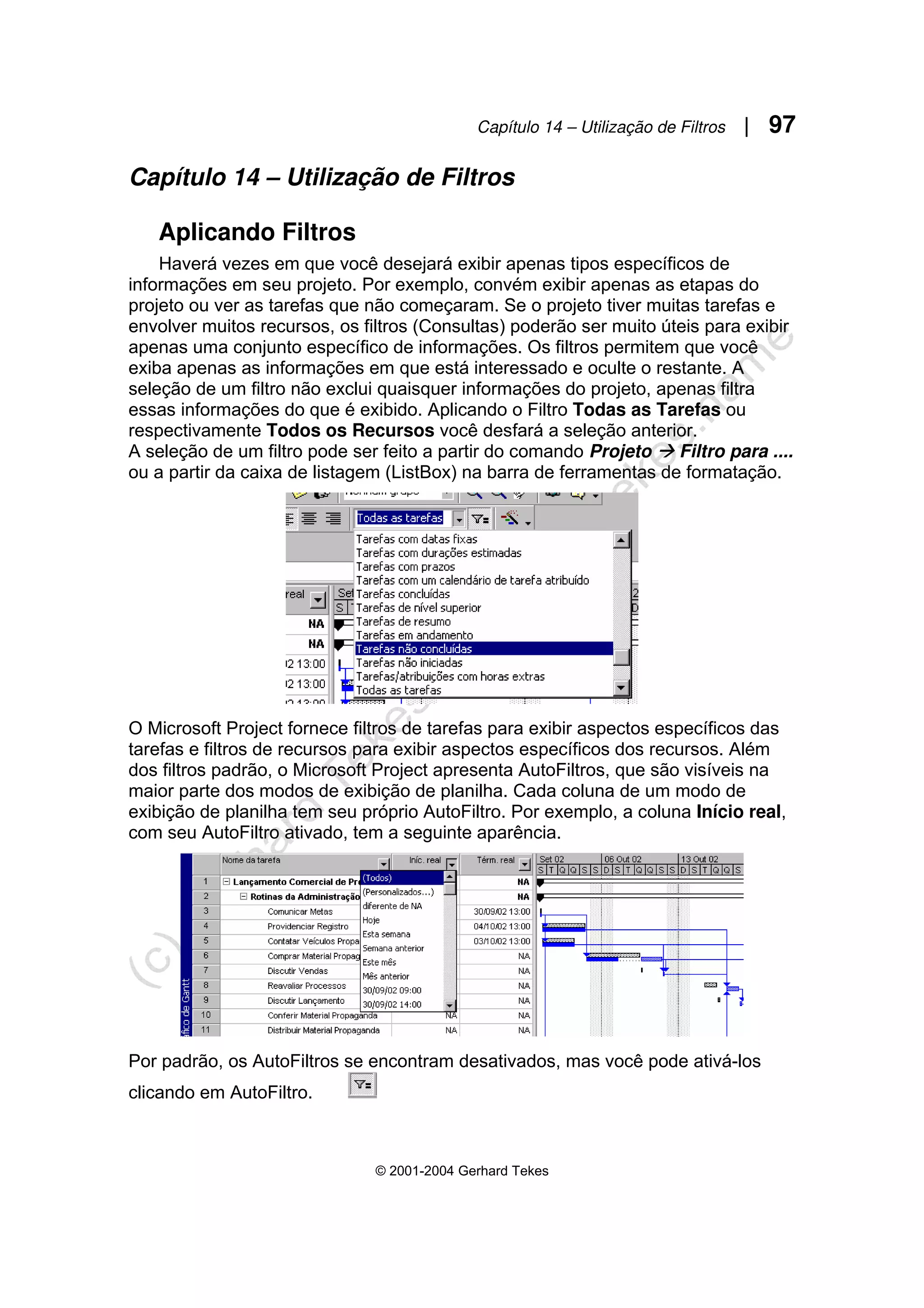 Capítulo 14 – Utilização de Filtros | 97
© 2001-2004 Gerhard Tekes
Capítulo 14 – Utilização de Filtros
Aplicando Filtros
Haverá vezes em que você desejará exibir apenas tipos específicos de
informações em seu projeto. Por exemplo, convém exibir apenas as etapas do
projeto ou ver as tarefas que não começaram. Se o projeto tiver muitas tarefas e
envolver muitos recursos, os filtros (Consultas) poderão ser muito úteis para exibir
apenas uma conjunto específico de informações. Os filtros permitem que você
exiba apenas as informações em que está interessado e oculte o restante. A
seleção de um filtro não exclui quaisquer informações do projeto, apenas filtra
essas informações do que é exibido. Aplicando o Filtro Todas as Tarefas ou
respectivamente Todos os Recursos você desfará a seleção anterior.
A seleção de um filtro pode ser feito a partir do comando Projeto Æ Filtro para ....
ou a partir da caixa de listagem (ListBox) na barra de ferramentas de formatação.
O Microsoft Project fornece filtros de tarefas para exibir aspectos específicos das
tarefas e filtros de recursos para exibir aspectos específicos dos recursos. Além
dos filtros padrão, o Microsoft Project apresenta AutoFiltros, que são visíveis na
maior parte dos modos de exibição de planilha. Cada coluna de um modo de
exibição de planilha tem seu próprio AutoFiltro. Por exemplo, a coluna Início real,
com seu AutoFiltro ativado, tem a seguinte aparência.
Por padrão, os AutoFiltros se encontram desativados, mas você pode ativá-los
clicando em AutoFiltro.
 