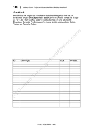 148 | Gerenciando Projetos utilizando MS-Project Professional
© 2001-2004 Gerhard Tekes
Practice 4:
Desenvolve um projeto da sua área de trabalho começando com o EAP,
dividindo o projeto em subprojetos e desenvolvendo um dos ramos até chegar
às PDTs de 10-20 tarefas. Descreve estas tarefas em uma tabela (ID,
Descrição, Duração, Predecessores) e monte a rede analisando os Cedos,
Tardes e o Caminho Crítico.
ID Descrição Dur. Predec.
 