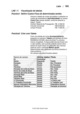 Labs | 163
© 2001-2004 Gerhard Tekes
LAB 11 Visualização de tabelas
Practice1 Definir Custos Fixos de determinadas tarefas
Acionar a tabela de custos de tarefas e cadastrar os
custos de empreiteiros (Ag.Publicidade) no campo
Custo Fixo nessas tarefas, conforme descrito a
seguir. Tarefa:
Conferir Material de Propaganda : R$ 2.500,00
Veicular Comercial : R$12.000,00
Lançar Produto : R$ 7.500,00
Practice2 Criar uma Tabela
Criar uma tabela de nome Acompanhamento,
presente no submenu Tabela com formato de hora:
DD/MM/AA HH:MM, altura de linha 1 e primeira
coluna congelada. A largura das colunas ficará com
o valor padrão, pois quando a tabela estiver ativa,
dando-se duplo clique no cabeçalho das colunas,
pode-se usar o comando Melhor ajuste
determinando este parâmetro de forma interativa e
mais produtiva.
Os campos são discriminados abaixo:
Nome do campo Alinhar dados Titulo
Id Centralizar
Nome Esquerda Tarefa
Duração Direita Dur. Provável
Início Direita Ini. Provável
Término Direita Fim provável
Duração da Linha de Base Direita Dur. meta
Início da Linha de Base Direita Ini. meta
Término da Linha de Base Direita Fim meta
Duração Real Direita Dur. real
Início Real Direita Ini. real
Término Real Direita Fim real
% Concluída Direita % Físico real
% Trabalho Concluído Direita % Trabalho real
Ignorar Calendário Recursos Direita Calendário diverso
Variação do Término Direita Variação ao término
 