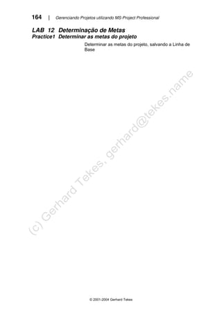 164 | Gerenciando Projetos utilizando MS-Project Professional
© 2001-2004 Gerhard Tekes
LAB 12 Determinação de Metas
Practice1 Determinar as metas do projeto
Determinar as metas do projeto, salvando a Linha de
Base
 