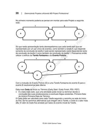 20 | Gerenciando Projetos utilizando MS-Project Professional
© 2001-2004 Gerhard Tekes
No primeiro momento poderia se pensar em montar para este Projeto a seguinte
rede:
1 3
2 4
B
A C
Só que nesta apresentação tanto desrespeitamos que cada tarefa tem que ser
representado por um par único de eventos, como também a tarefa 4, que depende
somente da conclusão da tarefa 2 está sendo representado como dependendo tanto
da conclusão da tarefa 2 como também da conclusão da tarefa 1. Precisamos então
utilizar o artifício da Tarefa Fantasma e do Evento Fictício.
1 3
2
4
B
A C
D
Com a inclusão do Evento Fictício (D) e uma Tarefa Fantasma do evento D para o
evento B resolveremos este dilema.
Data mais Cedo de Início ou Término (Early Start / Early Finish, PDI / PDT)
• É a data mais cedo, que uma atividade pode iniciar ou terminar devido à
conclusão das suas predecessores e eventuais folgas existentes. Primeira Data
de Início e Primeira Data de Término.
O Cedo pode ser calculado para cada Tarefa seguindo o caminho na rede do Inicio
ao Fim. Se há caminhos alternativas que chegam até à Tarefa, o Cedo é o valor mais
alto. O valor do Cedo fica anotado por baixo do evento inicial da Tarefa.
 