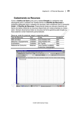Capítulo 6 – O Pool de Recursos | 41
© 2001-2004 Gerhard Tekes
Cadastrando os Recursos
Como o Gráfico de Gantt junto com a tabela Entrada é o ambiente mais
abrangente para o cadastro de Tarefas temos na Planilha de Recursos o
ambiente adequado para o cadastro do recursos. Nos a exibimos com o comando:
Exibir Æ Planilha de Recursos. Preenchendo todas as colunas criaremos um
banco de dados referente os recursos disponíveis em nossa empresa ou nosso
setor. Sempre deveríamos tratar os recursos de forma genérica pela função ou
faixa salarial e evitar tratamento personalizado.
Deve se, onde for possível, seguir o seguinte padrão:
Tipo de Recurso Tipo Custo Nivelável
Mão ed Obra Trabalho Taxa Padrão H/H Sim
Maquina / Equipamento Trabalho Taxa Padrão H/H Sim
Empreiteiro Trabalho Por Tarefa Não
Material de Consumo Material Taxa Padrão (unitário)
Custo/Uso (reemprego)
Não
 