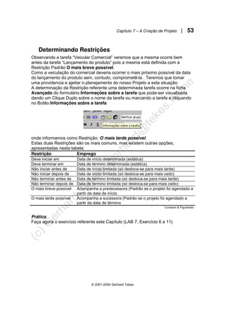 Capítulo 7 – A Criação de Projeto | 53
© 2001-2004 Gerhard Tekes
Determinando Restrições
Observando a tarefa “Veicular Comercial” veremos que a mesma ocorre bem
antes da tarefa “Lançamento do produto” pois a mesma está definida com a
Restrição Padrão O mais breve possível.
Como a veiculação do comercial deveria ocorrer o mais próximo possível da data
do lançamento do produto sem, contudo, comprometê-la . Teremos que tomar
uma providencia e ajeitar o planejamento do nosso Projeto a esta situação.
A determinação da Restrição referente uma determinada tarefa ocorre na ficha
Avançado do formulário Informações sobre a tarefa que pode-ser visualizada
dando um Clique Duplo sobre o nome da tarefa ou marcando a tarefa e cliquando
no Botão Informações sobre a tarefa
onde informamos como Restrição: O mais tarde possível.
Estas duas Restrições são os mais comuns, mas existem outras opções,
apresentadas nesta tabela:
Restrição Emprego
Deve iniciar em Data de início determinada (estática)
Deve terminar em Data de término determinada (estática)
Não iniciar antes de Data de início limitada (só desloca-se para mais tarde)
Não iniciar depois de Data de início limitada (só desloca-se para mais cedo)
Não terminar antes de Data de término limitada (só desloca-se para mais tarde)
Não terminar depois de Data de término limitada (só desloca-se para mais cedo)
O mais breve possível Acompanha a predecessora (Padrão se o projeto foi agendado a
partir da data de início
O mais tarde possível Acompanha a sucessora (Padrão se o projeto foi agendado a
partir da data de término
Constant & Figueiredo
Prática
Faça agora o exercício referente este Capítulo (LAB 7, Exercício 6 a 11)
 