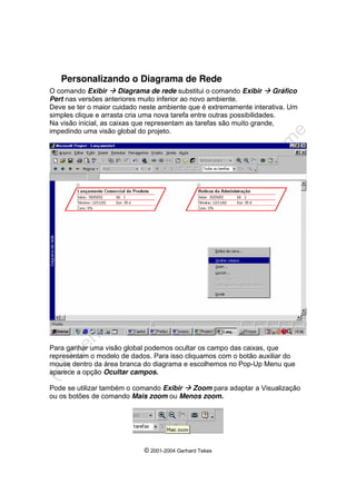 © 2001-2004 Gerhard Tekes
Personalizando o Diagrama de Rede
O comando Exibir Æ Diagrama de rede substitui o comando Exibir Æ Gráfico
Pert nas versões anteriores muito inferior ao novo ambiente.
Deve se ter o maior cuidado neste ambiente que é extremamente interativa. Um
simples clique e arrasta cria uma nova tarefa entre outras possibilidades.
Na visão inicial, as caixas que representam as tarefas são muito grande,
impedindo uma visão global do projeto.
Para ganhar uma visão global podemos ocultar os campo das caixas, que
representam o modelo de dados. Para isso cliquamos com o botão auxiliar do
mouse dentro da área branca do diagrama e escolhemos no Pop-Up Menu que
aparece a opção Ocultar campos.
Pode se utilizar também o comando Exibir Æ Zoom para adaptar a Visualização
ou os botões de comando Mais zoom ou Menos zoom.
 