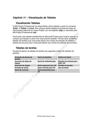 © 2001-2004 Gerhard Tekes
Capítulo 11 – Visualização de Tabelas
Visualizando Tabelas
O MS-Project Professional nos disponibiliza vários tabelas a partir do comando
Exibir Æ Tabela Æ xxxxx. Nos campos destas tabelas encontramos todas as
informações referente ao nosso Projeto; por nos digitado (dig) ou calculado pelo
MS-Project Professional (cal)
Você pode usar tabelas predefinidas do Microsoft Project para mostrar apenas os
campos que deseja ou para criar suas próprias tabelas. Há dois tipos de tabelas:
tabelas de tarefas (que você pode aplicar aos modos de exibição de tarefas) e
tabelas de recursos (que você pode aplicar aos modos de exibição de recursos).
Tabelas de tarefas
É possível aplicar as tabelas de tarefas aos seguintes modos de exibição de
planilha:
Acúmulo de barras de
tarefas
Gantt de detalhes Gráfico de Gantt
Acúmulo de datas de
etapas
Gantt de redistribuição Planilha de entrada para
PERT AP
Acúmulo de etapas Gantt esperado para AP Planilha de tarefas
Entrada de tarefa Gantt otimista para AP Uso da tarefa
Gantt de controle Gantt pessimista para
AP
 