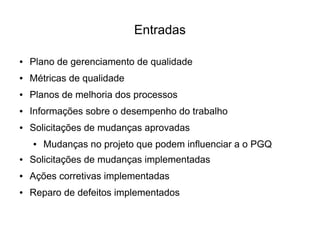 Entradas

●   Plano de gerenciamento de qualidade
●   Métricas de qualidade
●   Planos de melhoria dos processos
●   Informações sobre o desempenho do trabalho
●   Solicitações de mudanças aprovadas
    ●   Mudanças no projeto que podem influenciar a o PGQ
●   Solicitações de mudanças implementadas
●   Ações corretivas implementadas
●   Reparo de defeitos implementados
 