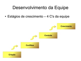 Desenvolvimento da Equipe
● Estágios de crescimento – 4 C's da equipe
Criação
Conflitos
Controle
Crescimento
 