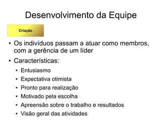 Desenvolvimento da Equipe
● Os indivíduos passam a atuar como membros,
com a gerência de um líder
● Características:
● Entusiasmo
● Expectativa otimista
● Pronto para realização
● Motivado pela escolha
● Apreensão sobre o trabalho e resultados
● Visão geral das atividades
Criação
 