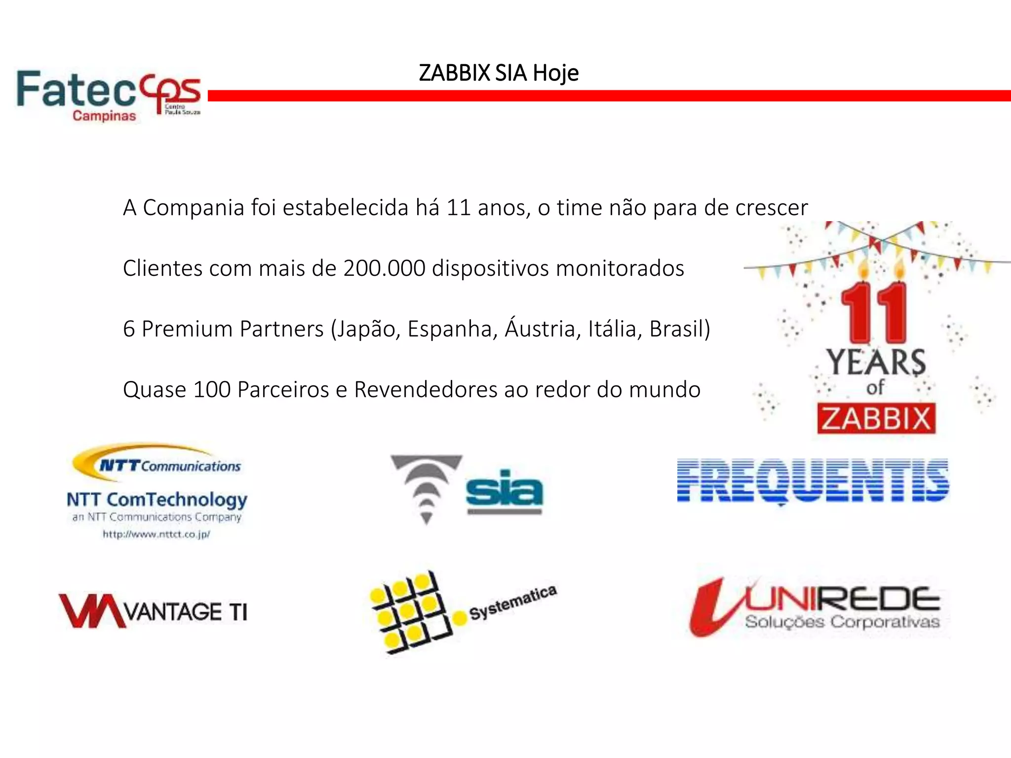 ZABBIX SIA Hoje
A Compania foi estabelecida há 11 anos, o time não para de crescer
Clientes com mais de 200.000 dispositivos monitorados
6 Premium Partners (Japão, Espanha, Áustria, Itália, Brasil)
Quase 100 Parceiros e Revendedores ao redor do mundo
 