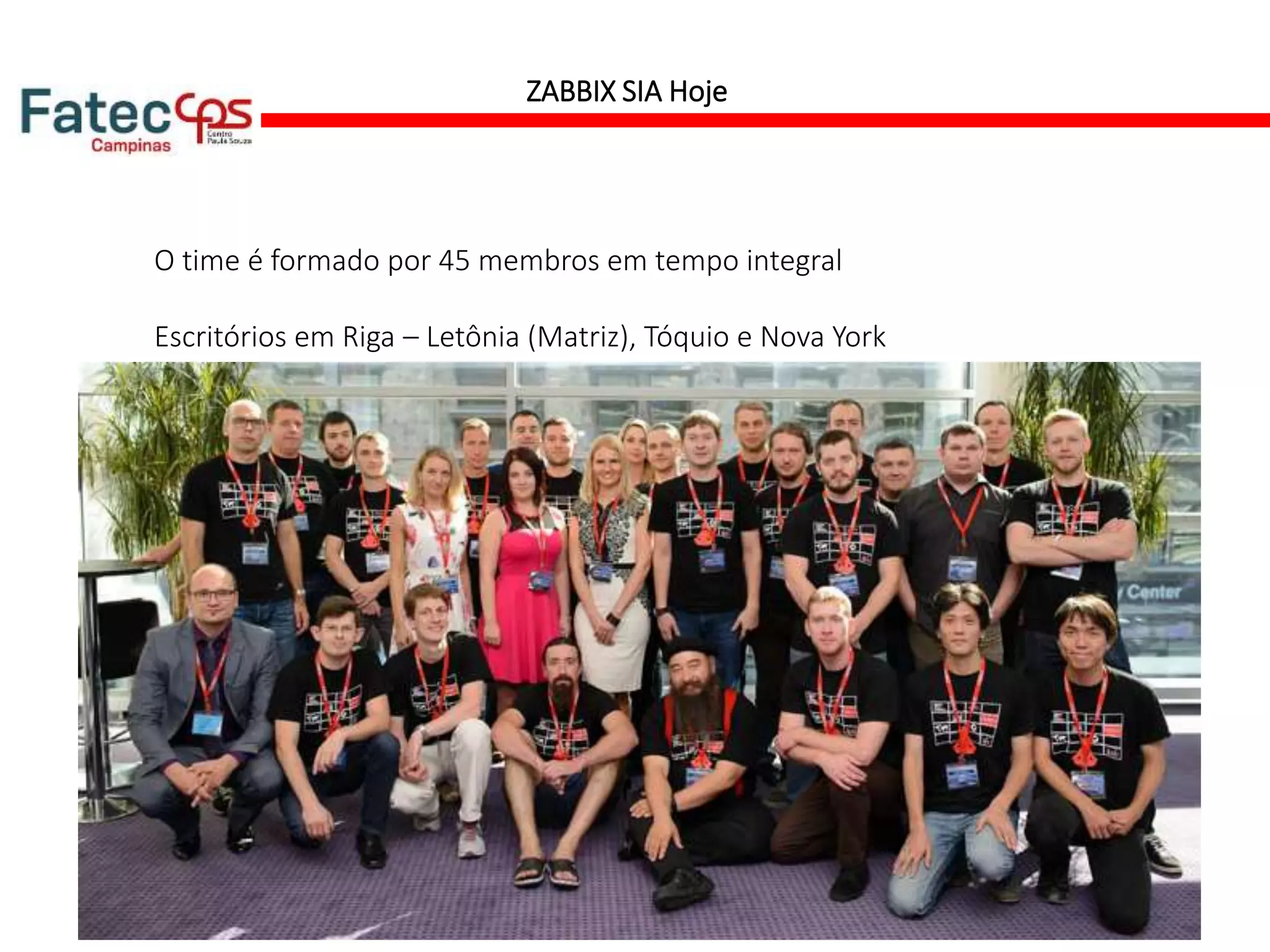 ZABBIX SIA Hoje
O time é formado por 45 membros em tempo integral
Escritórios em Riga – Letônia (Matriz), Tóquio e Nova York
 