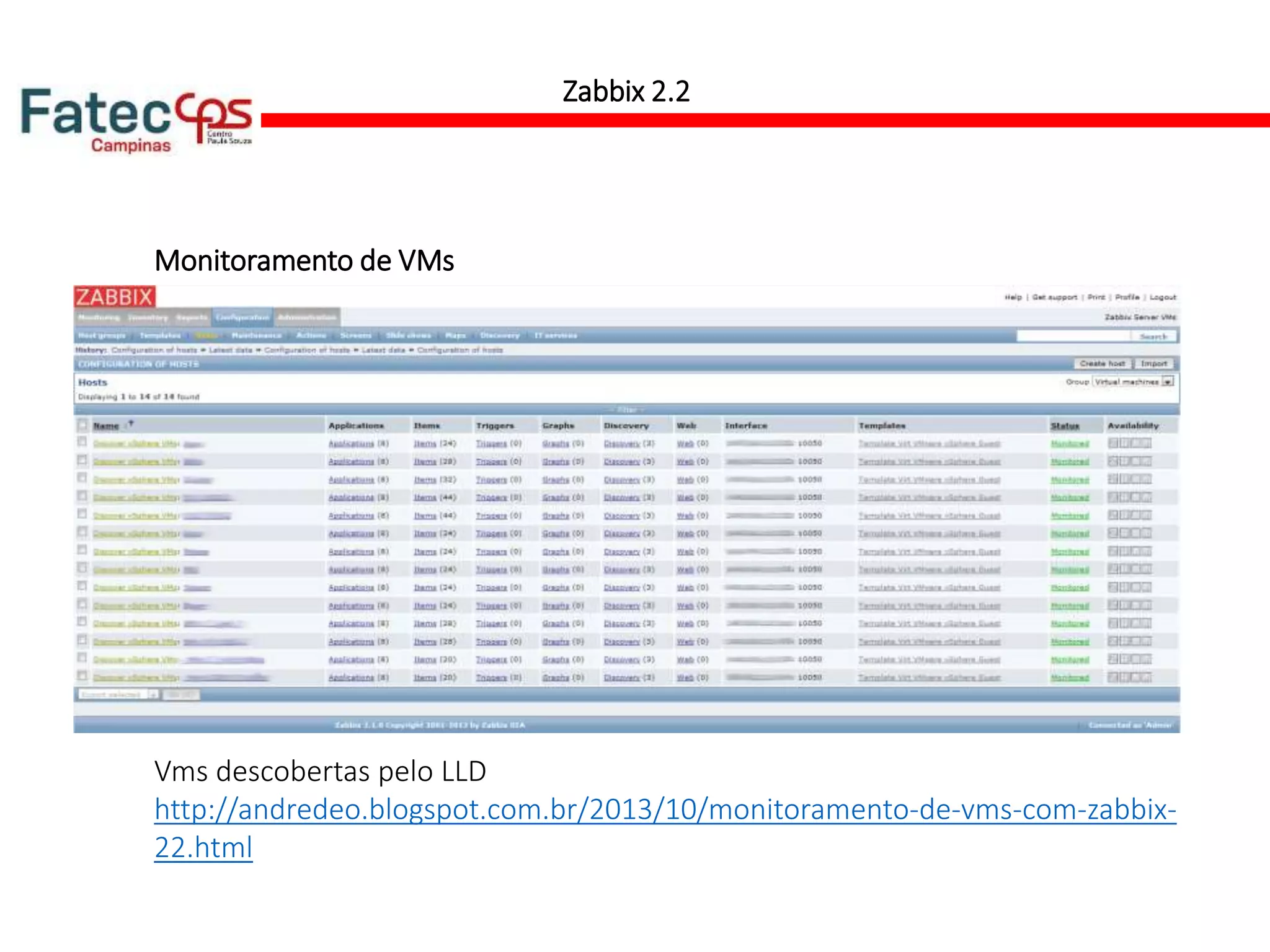 Zabbix 2.2
Monitoramento de VMs
Vms descobertas pelo LLD
http://andredeo.blogspot.com.br/2013/10/monitoramento-de-vms-com-zabbix-
22.html
 