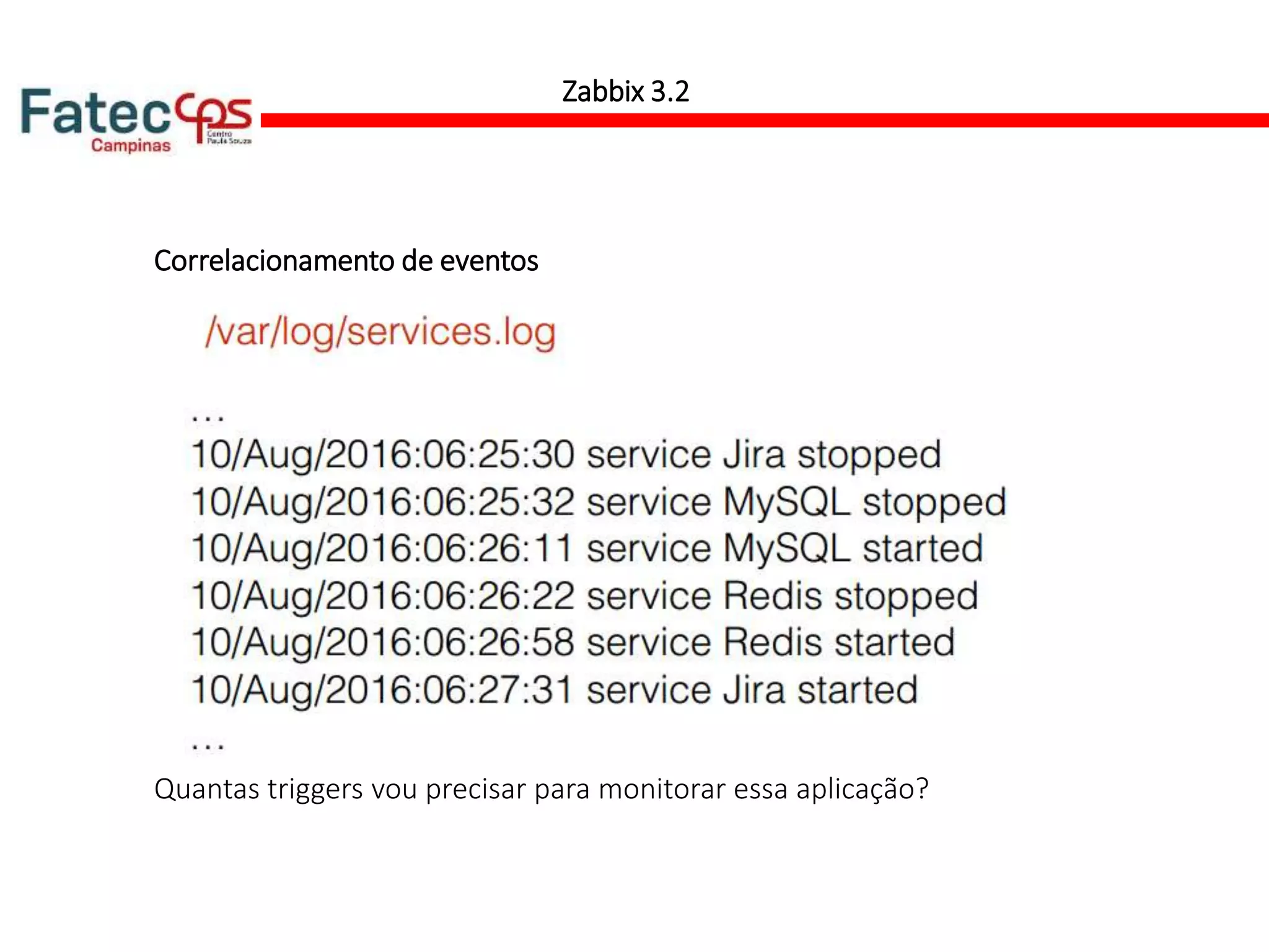 Correlacionamento de eventos
Zabbix 3.2
Quantas triggers vou precisar para monitorar essa aplicação?
 