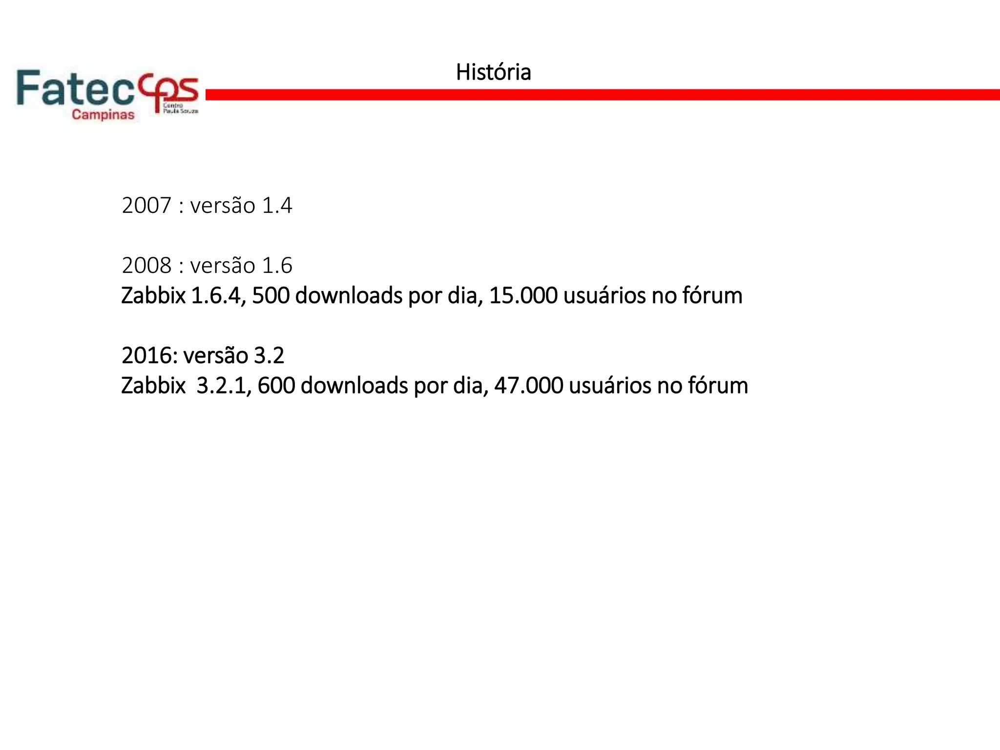 História
2007 : versão 1.4
2008 : versão 1.6
Zabbix 1.6.4, 500 downloads por dia, 15.000 usuários no fórum
2016: versão 3.2
Zabbix 3.2.1, 600 downloads por dia, 47.000 usuários no fórum
 