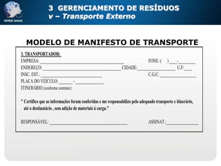 3 GERENCIAMENTO DE RESÍDUOS
                v – Transporte Externo


   MODELO DE MANIFESTO DE TRANSPORTE
3. TRANSPORTADOR:
EMPRESA: ____________________________________________            FONE: ( ) ____-_________
ENDEREÇO: _________________________________________ CIDADE:____________________ U.F:____
INSC. EST.: ________________________________                     C.G.C: ___________________
PLACA DO VEÍCULO: _______ - _______________
ITINERÁRIO (conforme contrato):

" Certifico que as informações foram conferidas e me responsabilizo pelo adequado transporte e itinerário,
  até o destinatário , sem adição de materiais à carga."

RESPONSÁVEL: _________________________________________                        ASSINAT.:_________________
 
