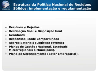 Estrutura da Política Nacional de Resíduos
    Sólidos: implementação e regulamentação




• Resíduos ≠ Rejeitos
• Destinação final ≠ Disposição final
• Geradores
• Responsabilidade Compartilhada
• Acordo Setoriais (Logística reversa)
• Planos de Gestão (Nacional, Estaduais,
  Microrregionais e Municipais).
• Plano de Gerenciamento (Setor Empresarial).
 