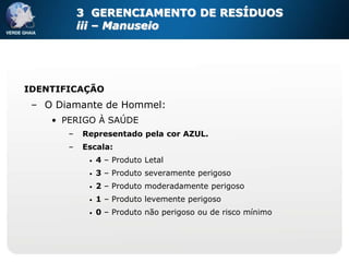 3 GERENCIAMENTO DE RESÍDUOS
           iii – Manuseio




IDENTIFICAÇÃO
 – O Diamante de Hommel:
    • PERIGO À SAÚDE
       –   Representado pela cor AZUL.
       –   Escala:
            •   4 – Produto Letal
            •   3 – Produto severamente perigoso
            •   2 – Produto moderadamente perigoso
            •   1 – Produto levemente perigoso
            •   0 – Produto não perigoso ou de risco mínimo
 