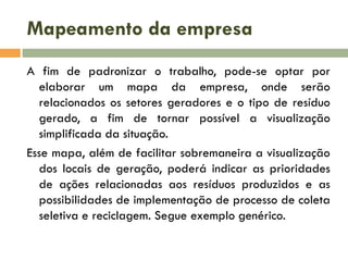Mapeamento da empresa
A fim de padronizar o trabalho, pode-se optar por
elaborar um mapa da empresa, onde serão
relacionados os setores geradores e o tipo de resíduo
gerado, a fim de tornar possível a visualização
simplificada da situação.
Esse mapa, além de facilitar sobremaneira a visualização
dos locais de geração, poderá indicar as prioridades
de ações relacionadas aos resíduos produzidos e as
possibilidades de implementação de processo de coleta
seletiva e reciclagem. Segue exemplo genérico.
 
